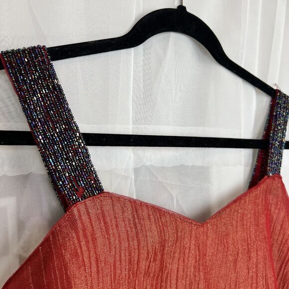 red shimmery beaded summer shift mini dress vacation wedding sz Md boho fairy - Picture 9 of 10